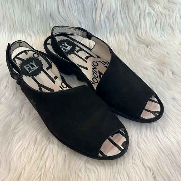 Fly London Palp Leather Wedge Sandals Peep Toe Logo Slingback, Black - Picture 1 of 13